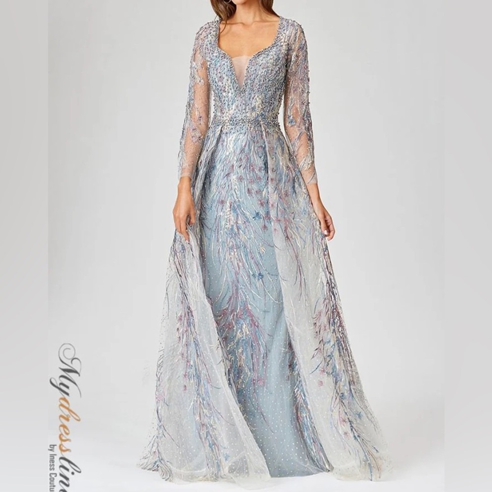 LARA Long Sleeve Silver and Blue Gown